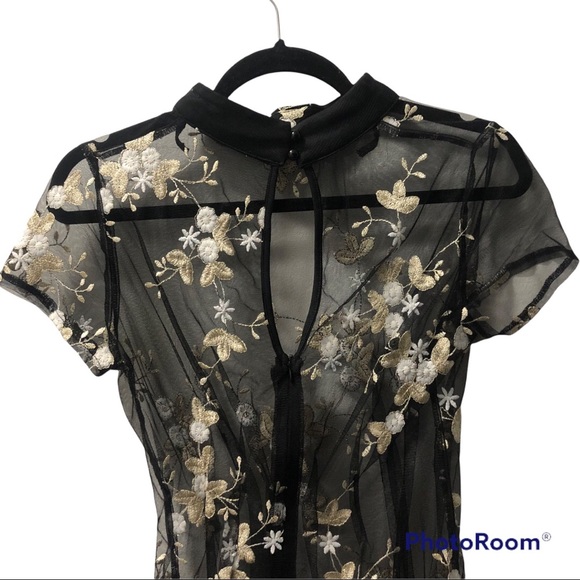 (219) Black Sheer Floral Mini Dress - Picture 3 of 16